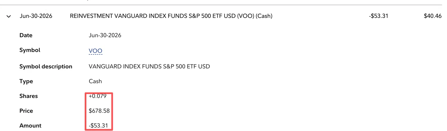 Fidelity reinvestment detail showing Shares +0.079, Price 678.58, and Amount -53.31